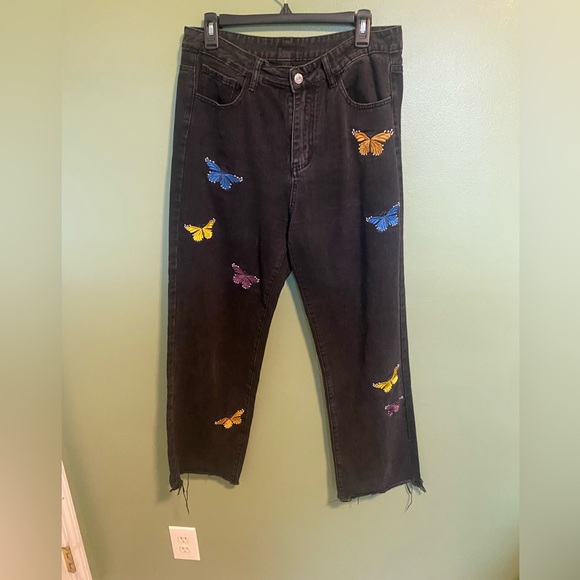 SHEIN Black Jeans with Multicolor Butterfly Embroidery - Picture 1 of 3